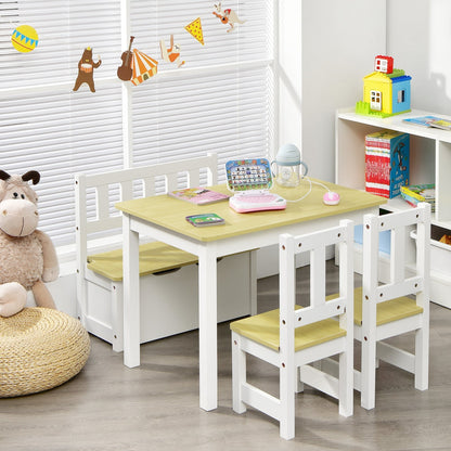 2-In-1 Wooden Toddler Activity Table Set with Toy Storage Bench-Natural