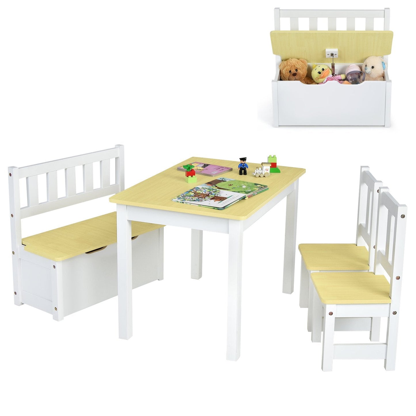 2-In-1 Wooden Toddler Activity Table Set with Toy Storage Bench-Natural