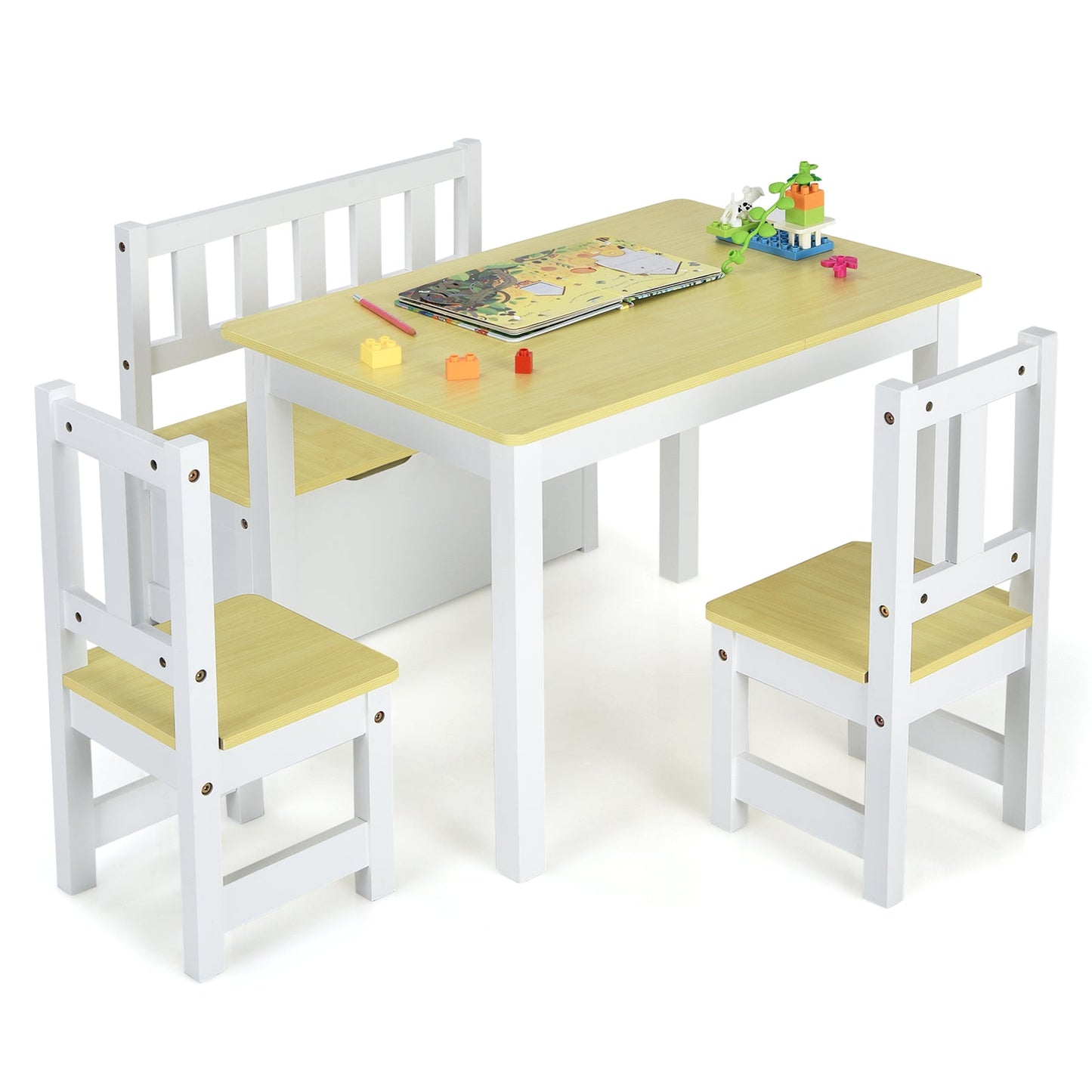 2-In-1 Wooden Toddler Activity Table Set with Toy Storage Bench-Natural