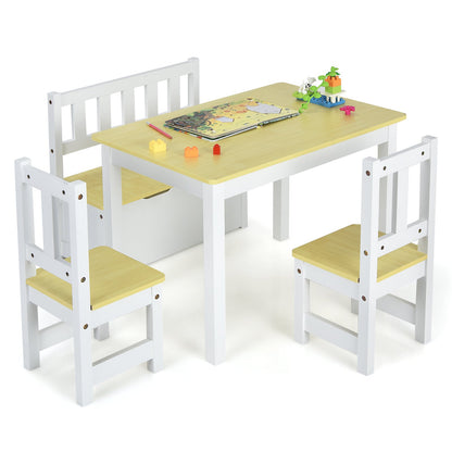 2-In-1 Wooden Toddler Activity Table Set with Toy Storage Bench-Natural