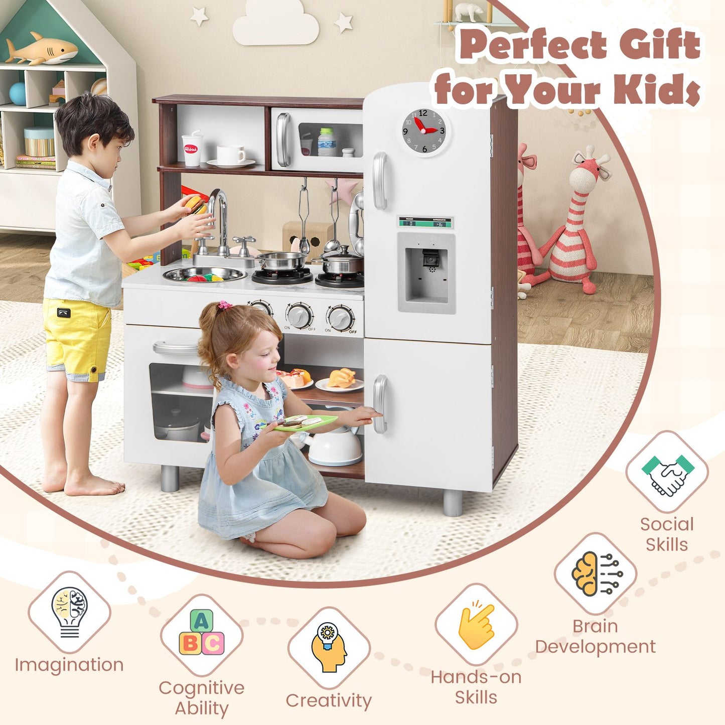 Wooden Toddler Kitchen Playset with Realistic Lights and Sounds