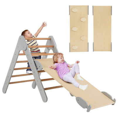 Wooden Triangle Climbing Ladder Set with 2-in-1 Reversible Ramp-Grey