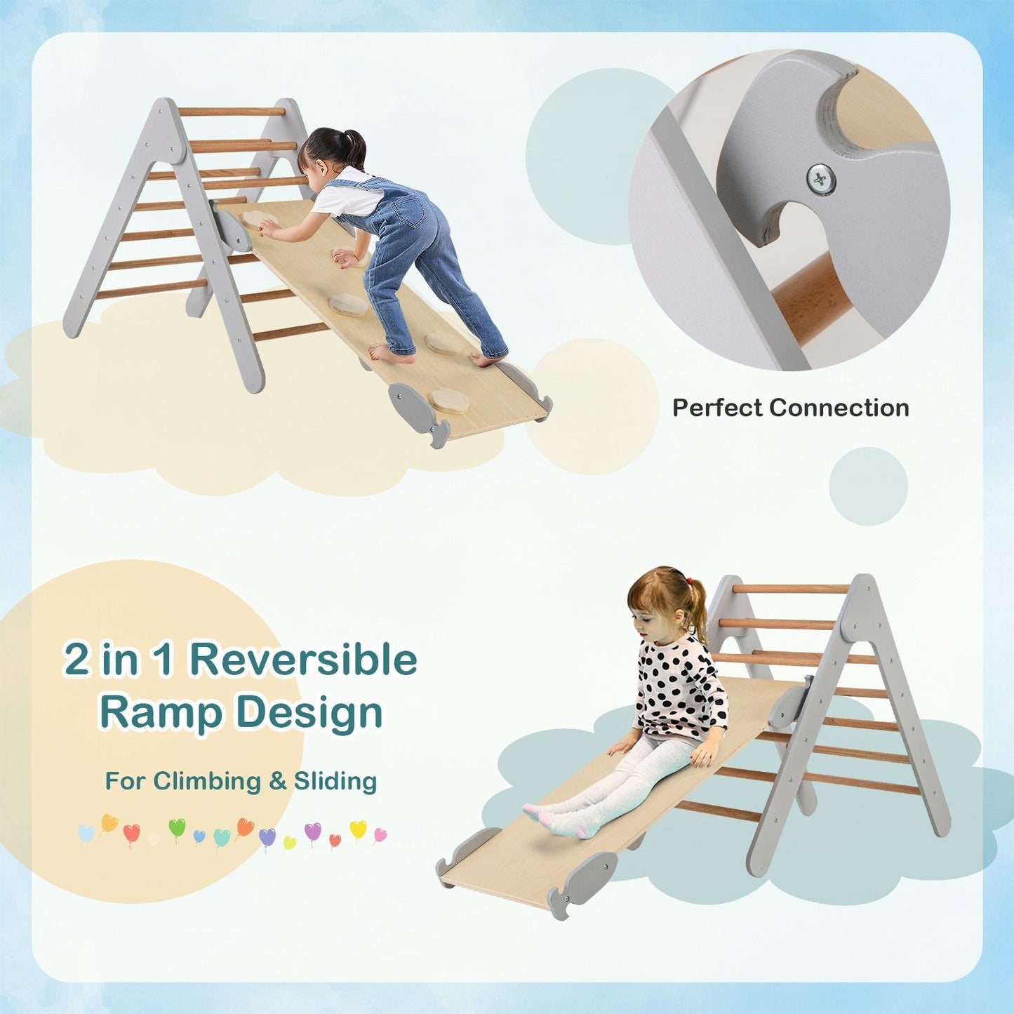 Wooden Triangle Climbing Ladder Set with 2-in-1 Reversible Ramp-Grey