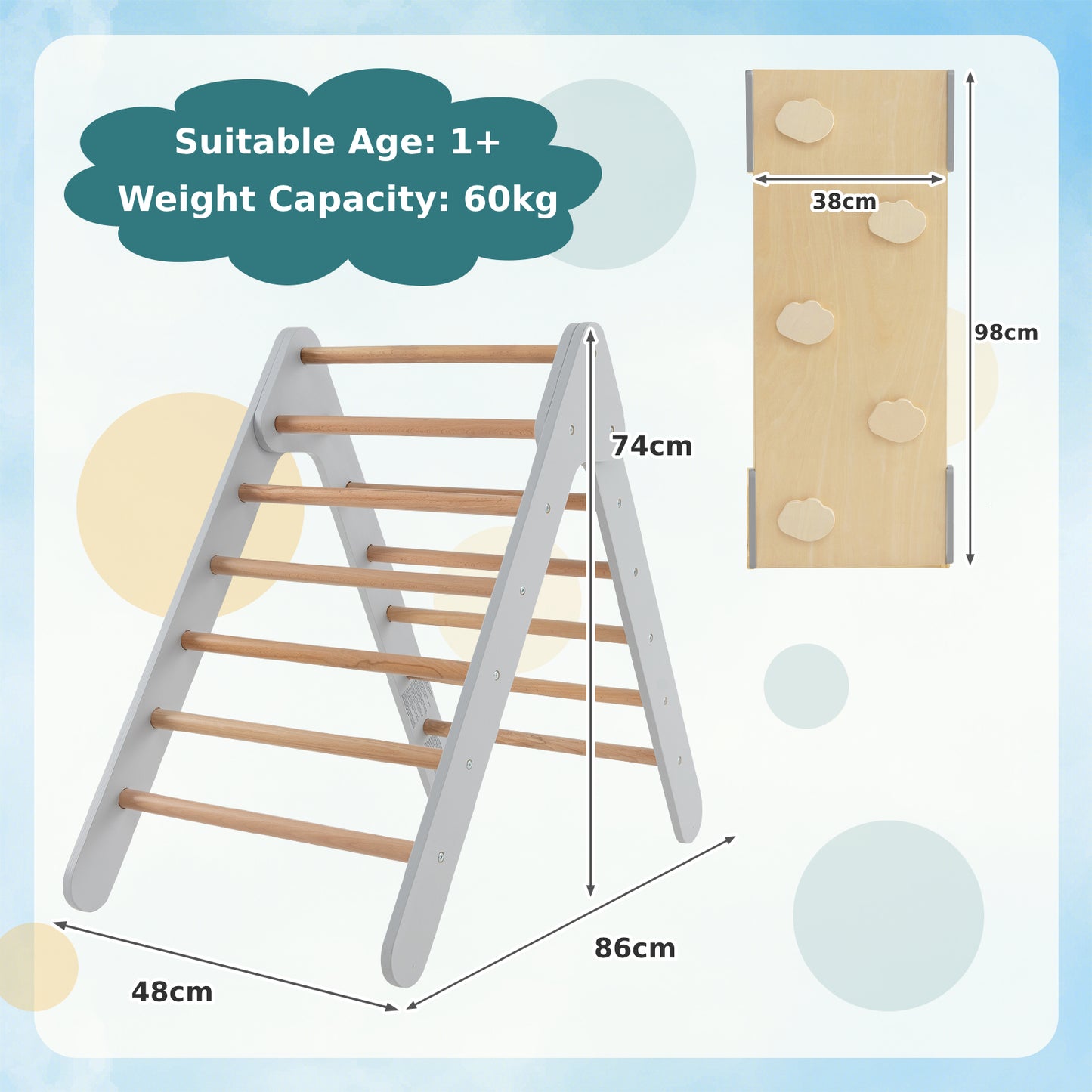 Wooden Triangle Climbing Ladder Set with 2-in-1 Reversible Ramp-Grey