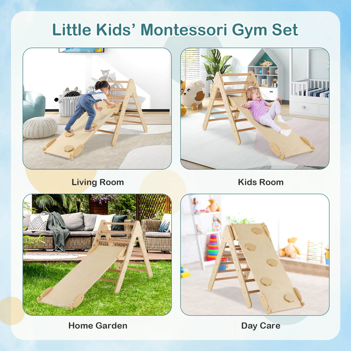 Wooden Triangle Climbing Ladder Set with 2-in-1 Reversible Ramp-Natural