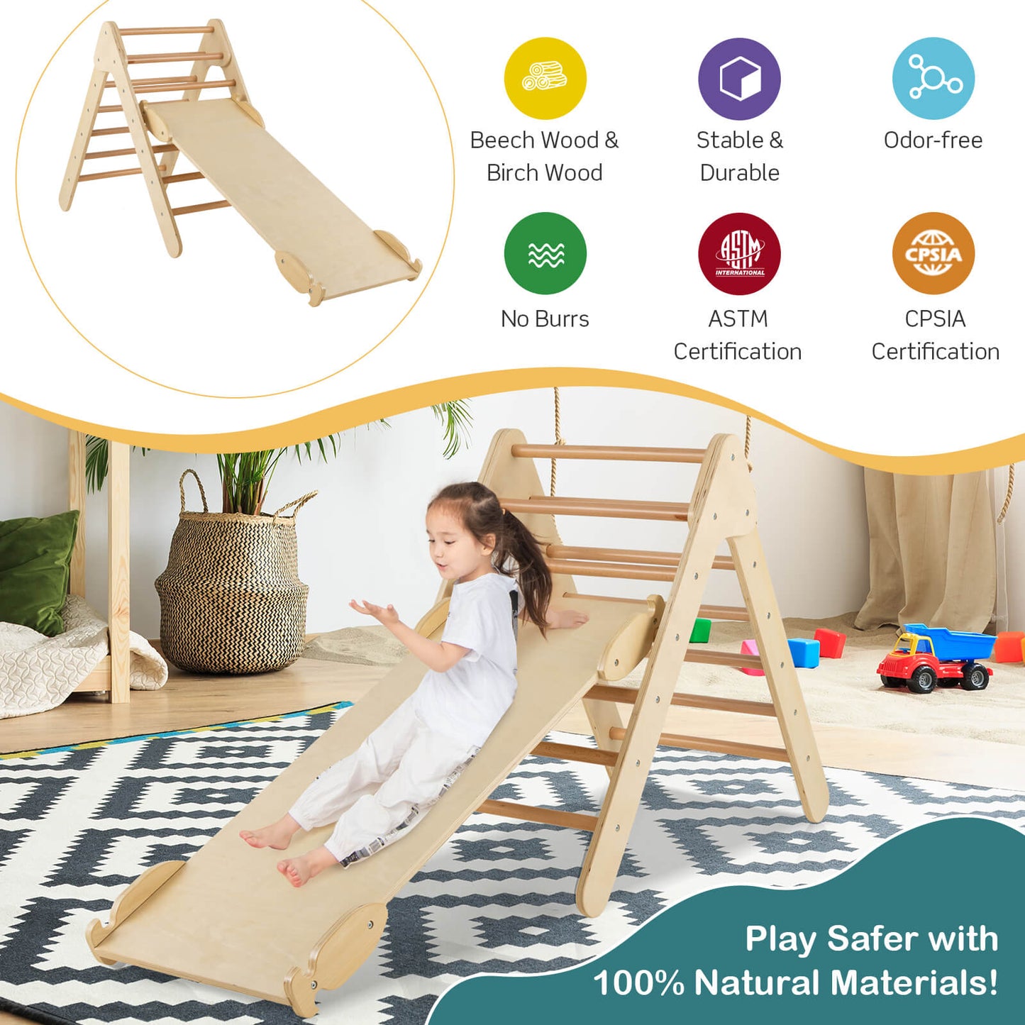 Wooden Triangle Climbing Ladder Set with 2-in-1 Reversible Ramp-Natural