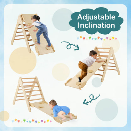 Wooden Triangle Climbing Ladder Set with 2-in-1 Reversible Ramp-Natural