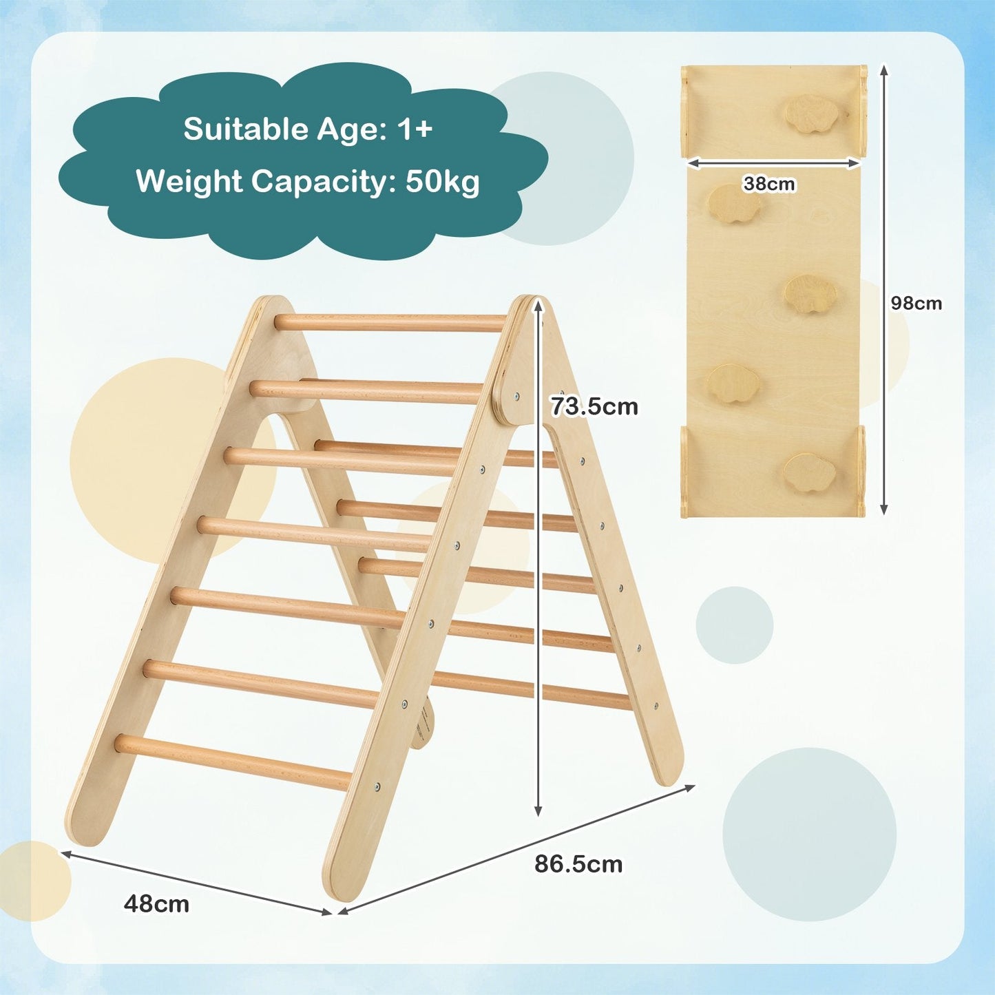 Wooden Triangle Climbing Ladder Set with 2-in-1 Reversible Ramp-Natural