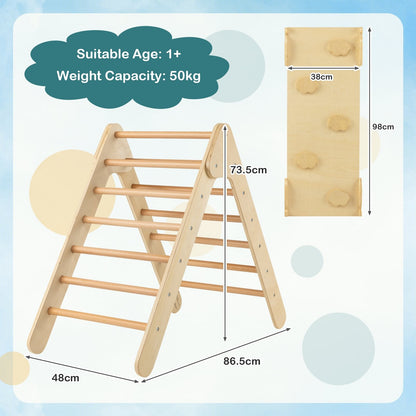 Wooden Triangle Climbing Ladder Set with 2-in-1 Reversible Ramp-Natural