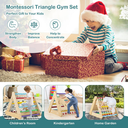 4-in-1 Wooden Triangle Climbing Set with Ramp Sliding Board-White