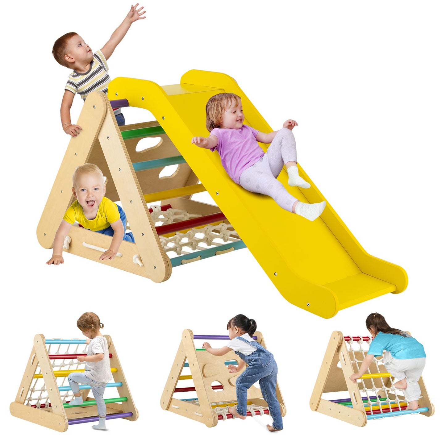 4-in-1 Wooden Triangle Climbing Set with Ramp Sliding Board-Colourful