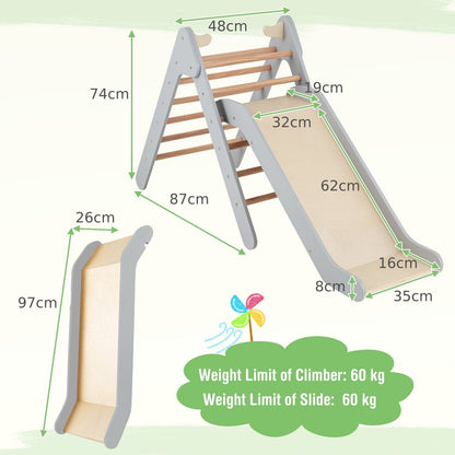2-in-1 Wooden Triangle Climbing Toy with Gradient Adjustable Slide-Grey