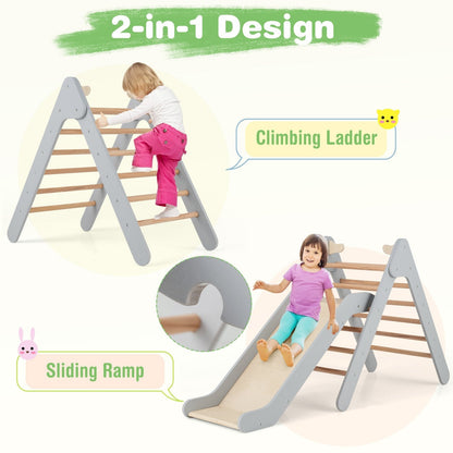 2-in-1 Wooden Triangle Climbing Toy with Gradient Adjustable Slide-Grey