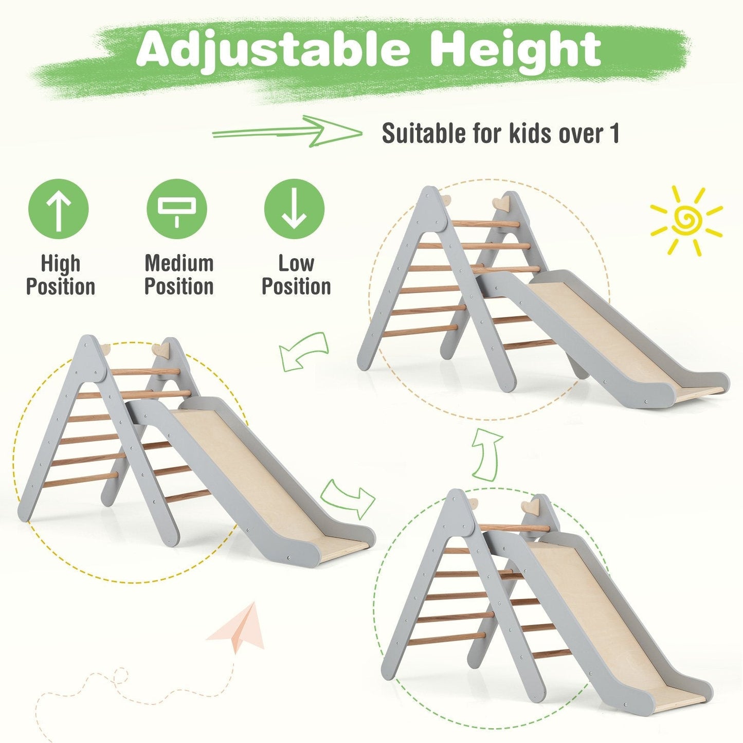2-in-1 Wooden Triangle Climbing Toy with Gradient Adjustable Slide-Grey