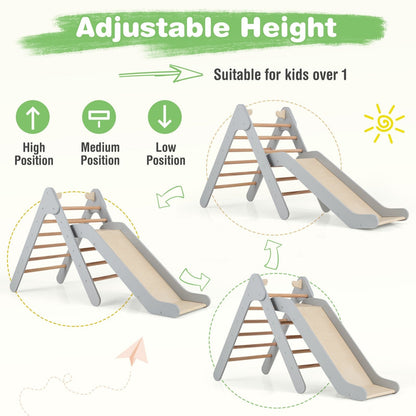 2-in-1 Wooden Triangle Climbing Toy with Gradient Adjustable Slide-Grey