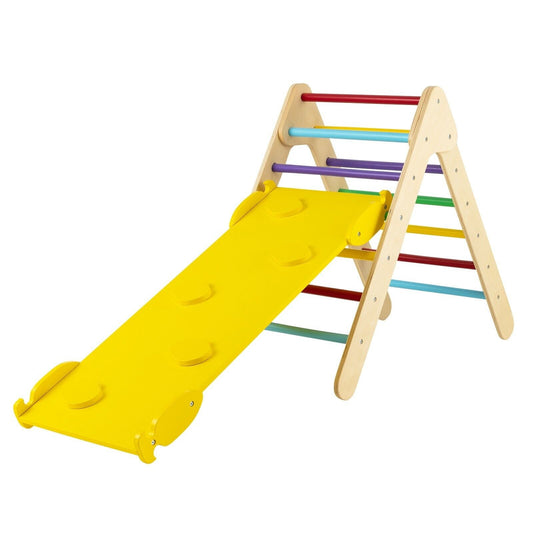 Wooden Triangle Climbing Ladder Set with 2-in-1 Reversible Ramp-Multicolor