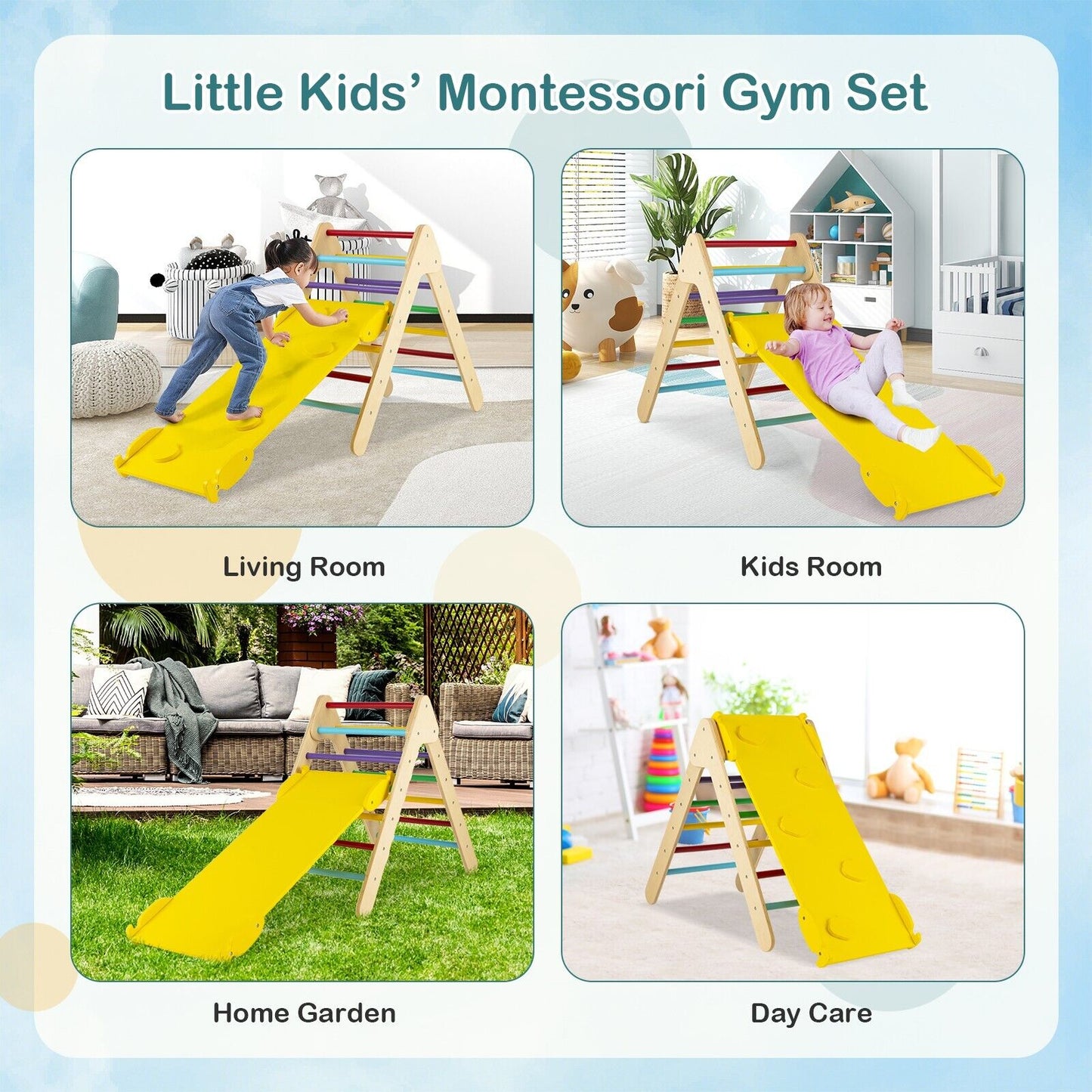 Wooden Triangle Climbing Ladder Set with 2-in-1 Reversible Ramp-Multicolor