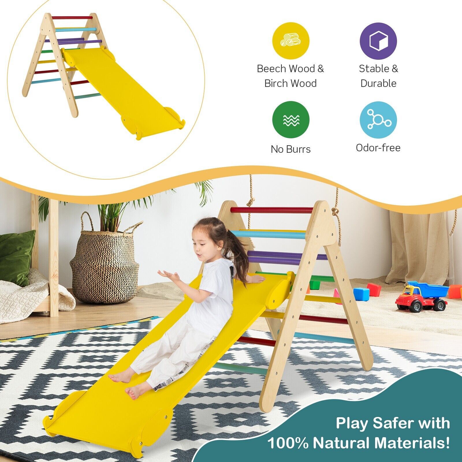 Wooden Triangle Climbing Ladder Set with 2-in-1 Reversible Ramp-Multicolor