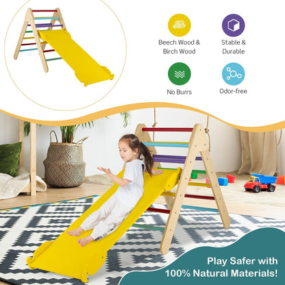 Wooden Triangle Climbing Ladder Set with 2-in-1 Reversible Ramp-Multicolor