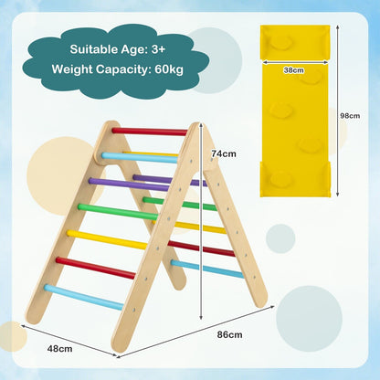 Wooden Triangle Climbing Ladder Set with 2-in-1 Reversible Ramp-Multicolor