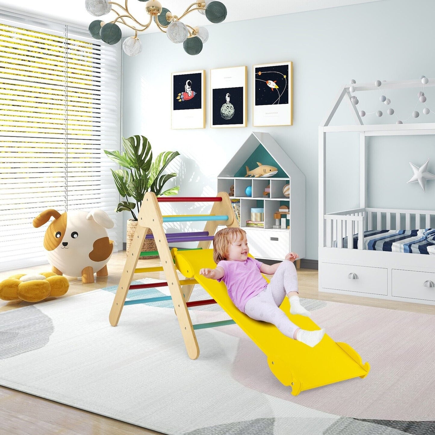 Wooden Triangle Climbing Ladder Set with 2-in-1 Reversible Ramp-Multicolor