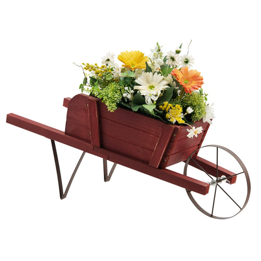Wooden Wagon Planter Stand Wheelbarrow Flower Cart Garden Decoration-Red