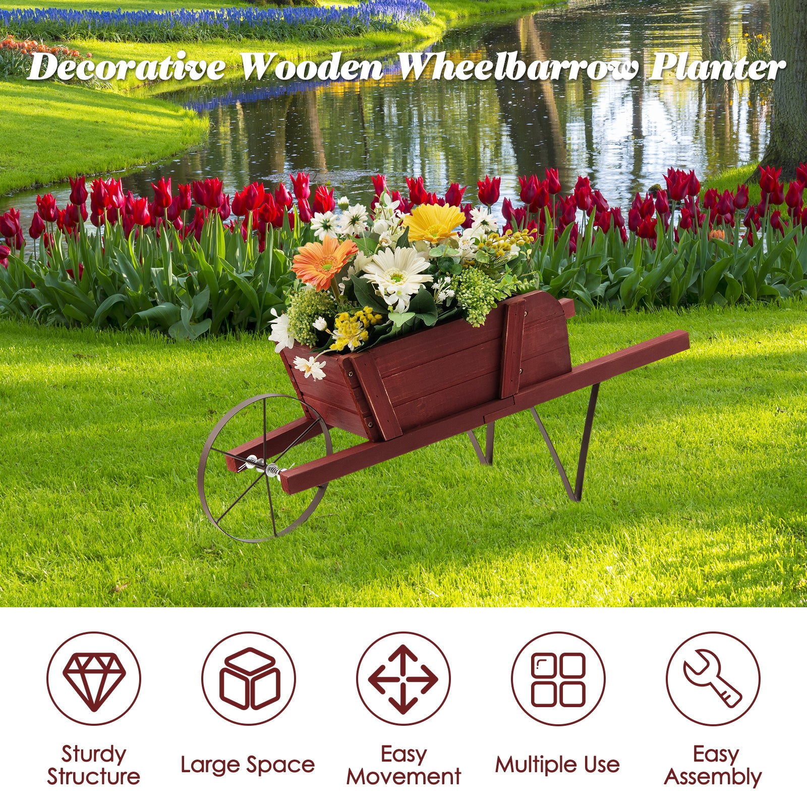 Wooden Wagon Planter Stand Wheelbarrow Flower Cart Garden Decoration-Red
