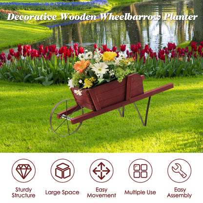Wooden Wagon Planter Stand Wheelbarrow Flower Cart Garden Decoration-Red