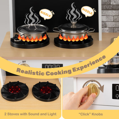 Wooden play kitchen with stove and sounds childrens kitchen with sink-Natural