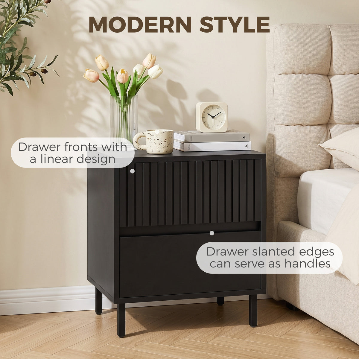 HOMCOM Bedside Cabinet, Bedside Table with 2 Drawers, Storage and Steel Legs for Bedroom, Living Room, Black