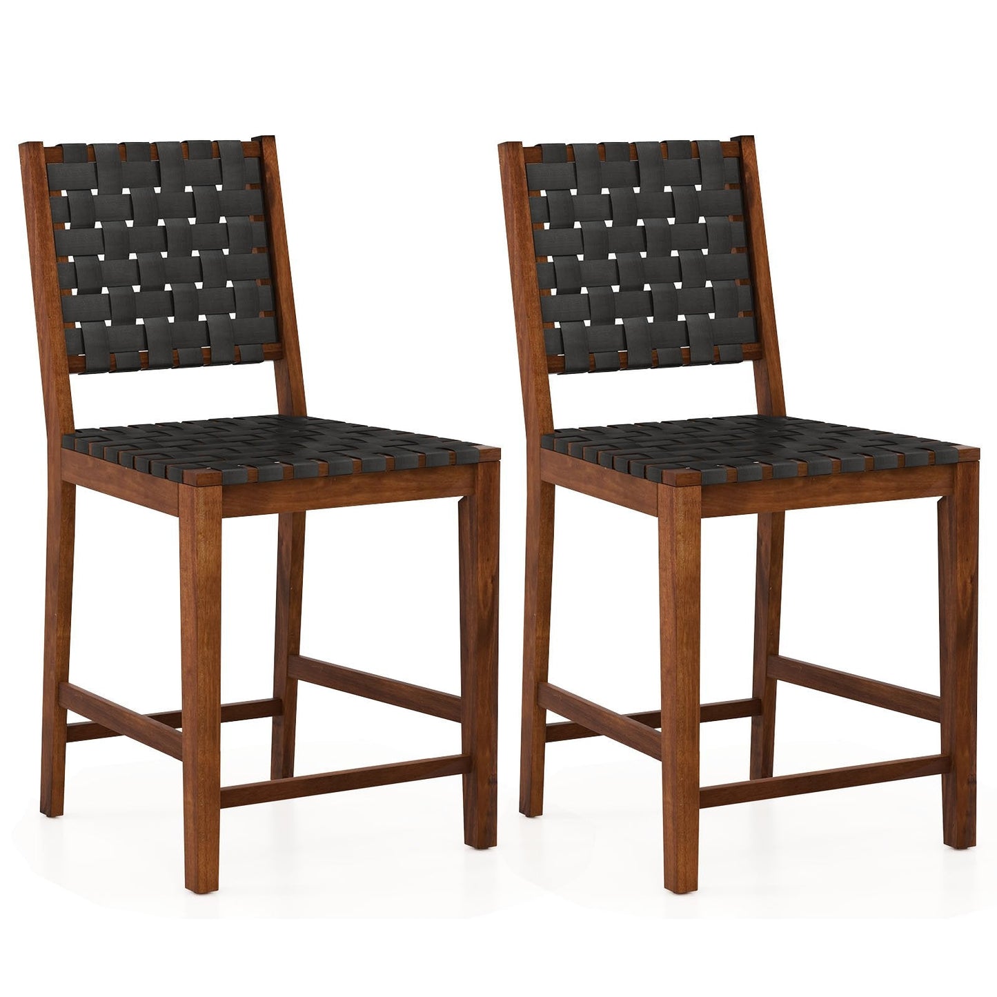 Woven Bar Stools Set of 2 with Faux PU Leather Straps-Black &amp; Brown