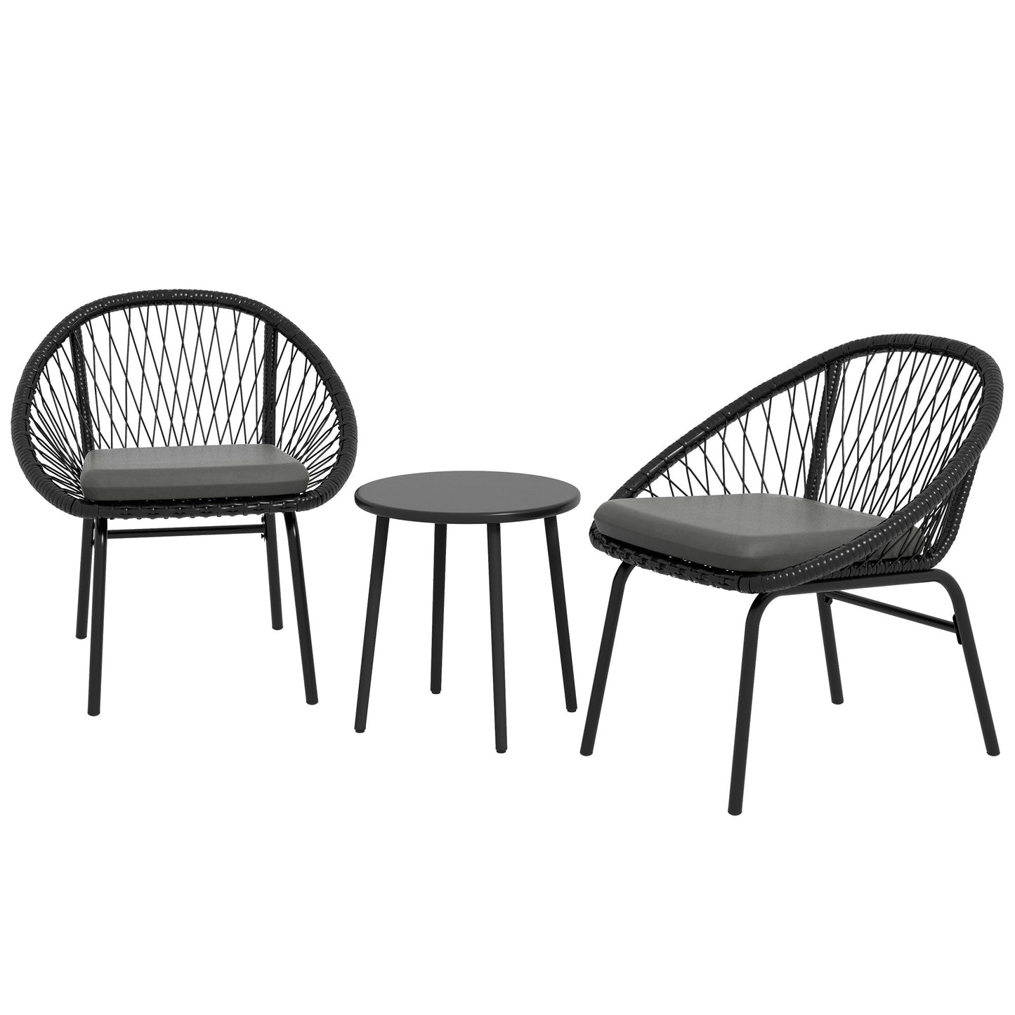 3 Piece Garden Furniture Set With Cushions, Round PE Rattan Bistro With Armchairs & Metal Plate Coffee Table Conversation Furniture - Black