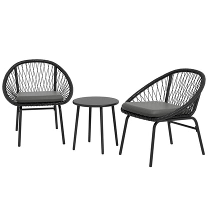 3 Piece Garden Furniture Set With Cushions, Round PE Rattan Bistro With Armchairs & Metal Plate Coffee Table Conversation Furniture - Black