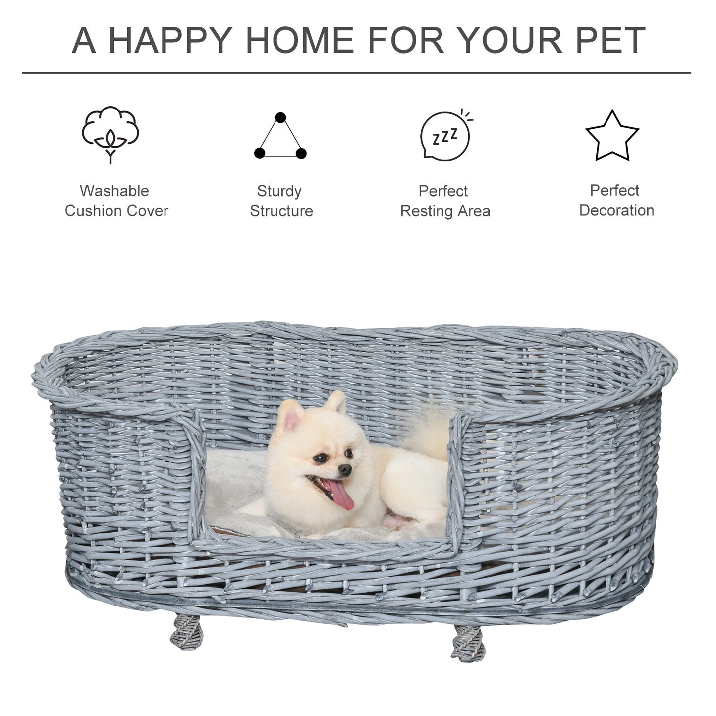 PawHut Wicker Dog Bed Basket Pet Sofa Cat Lounge Furniture with Elevated Base Soft Padded Cushion Grey 92cm X 52cm X 38cm Wiker w/