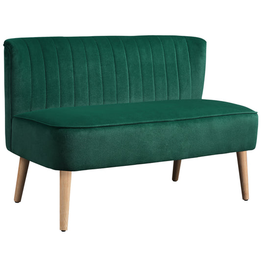 HOMCOM 117cm Loveseat Sofa Upholstered Small 2 Seater Sofa  with Thick Padded Seat and Rubber Wood Legs, Dark Green