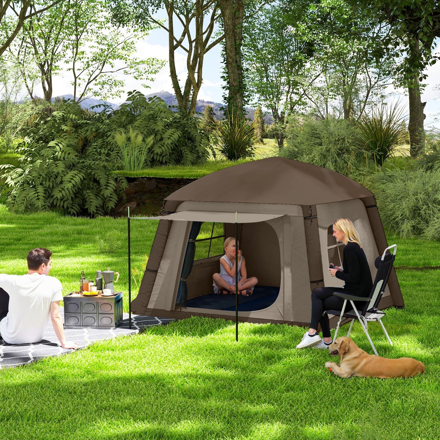 Outsunny Blow Up Tent w/ Hand Pump, Inflatable Camping Tent, Easy Setup 1/2 Person Waterproof Khaki