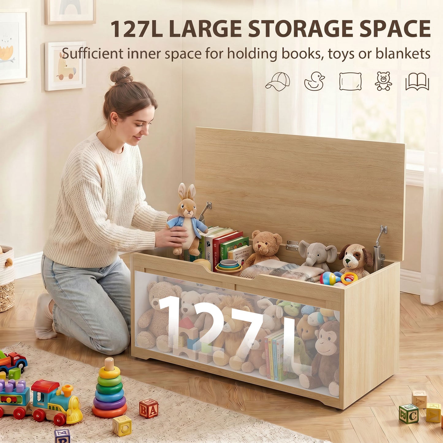 HOMCOM 127L Home Storage Box, with Safety Hinges - Nature Wood Finish