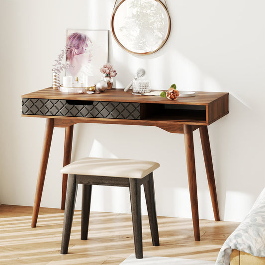 Writing Table with Drawer and Open Compartment Home Office Desk with Rubber Wood Legs-Brown