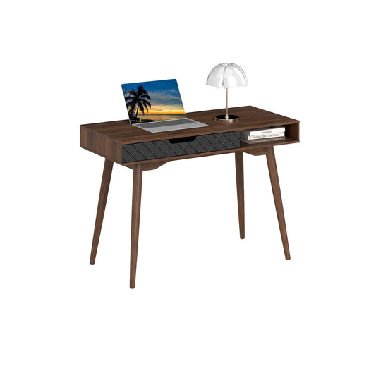 Writing Table with Drawer and Open Compartment Home Office Desk with Rubber Wood Legs-Brown