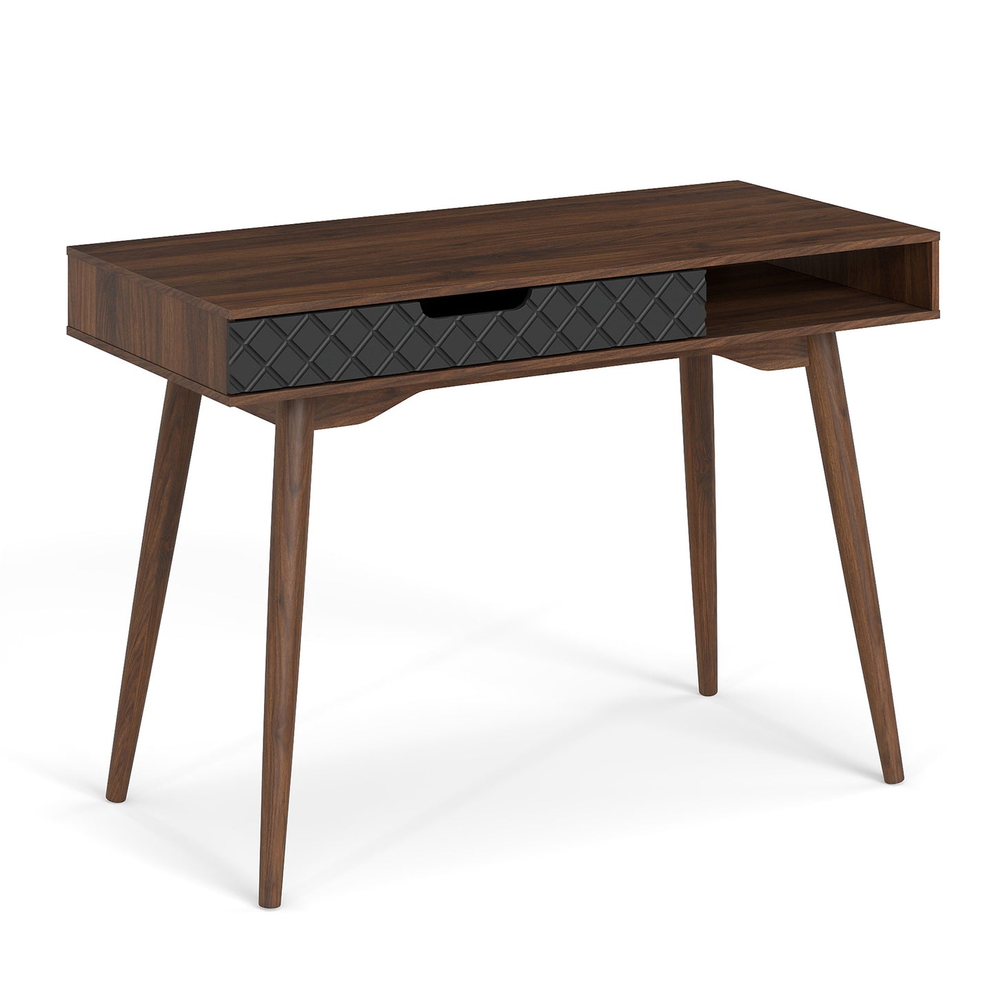 Writing Table with Drawer and Open Compartment Home Office Desk with Rubber Wood Legs-Brown