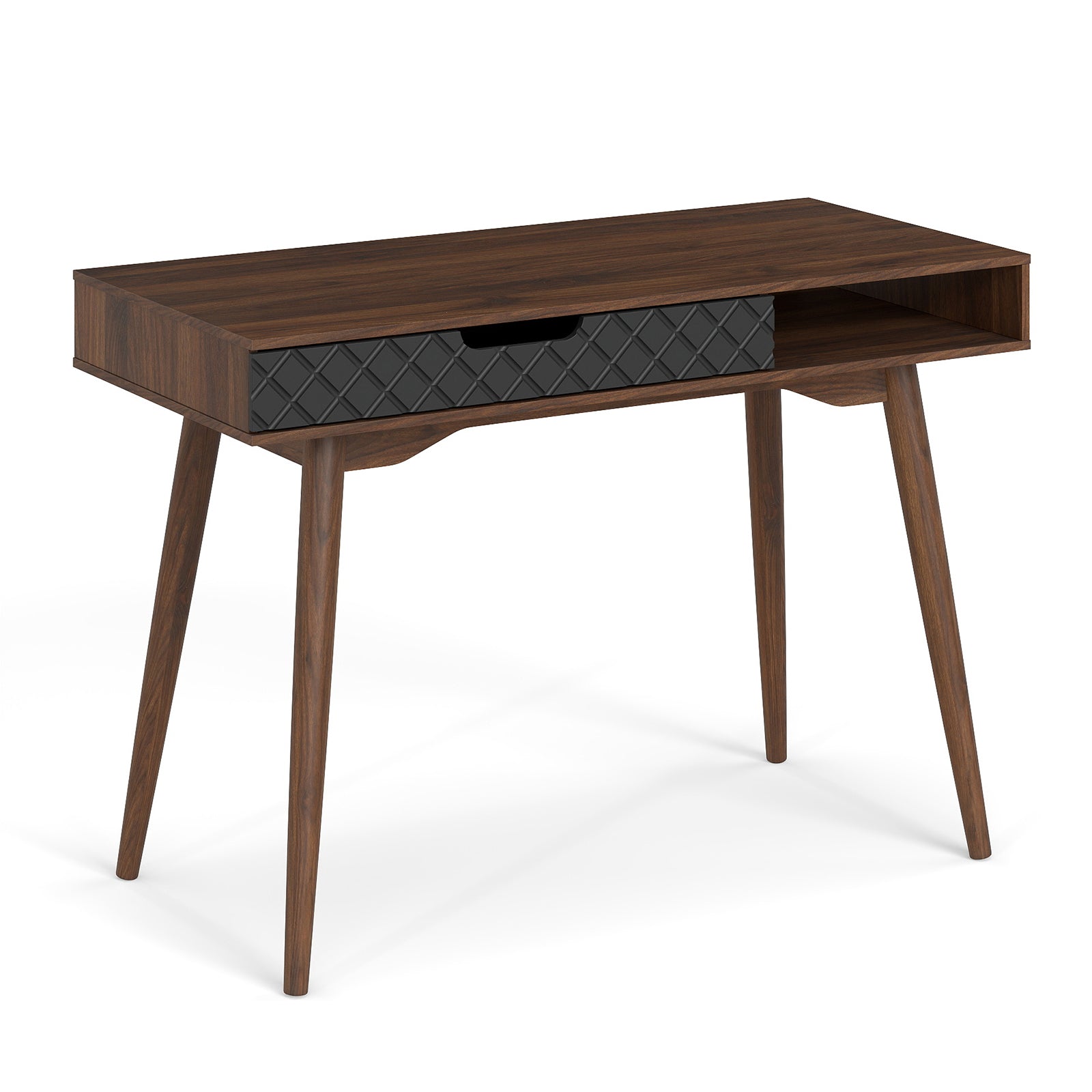 Writing Table with Drawer and Open Compartment Home Office Desk with Rubber Wood Legs-Brown