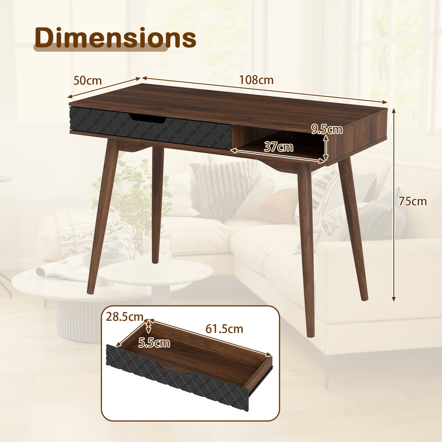 Writing Table with Drawer and Open Compartment Home Office Desk with Rubber Wood Legs-Brown