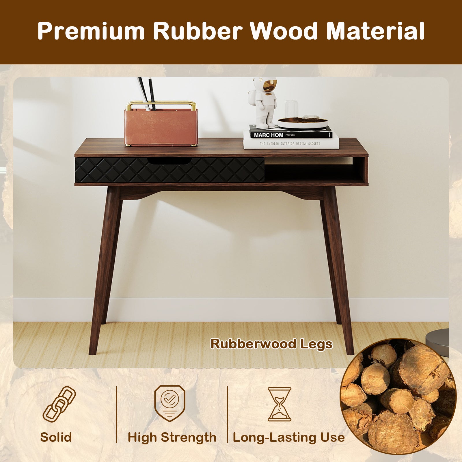 Writing Table with Drawer and Open Compartment Home Office Desk with Rubber Wood Legs-Brown