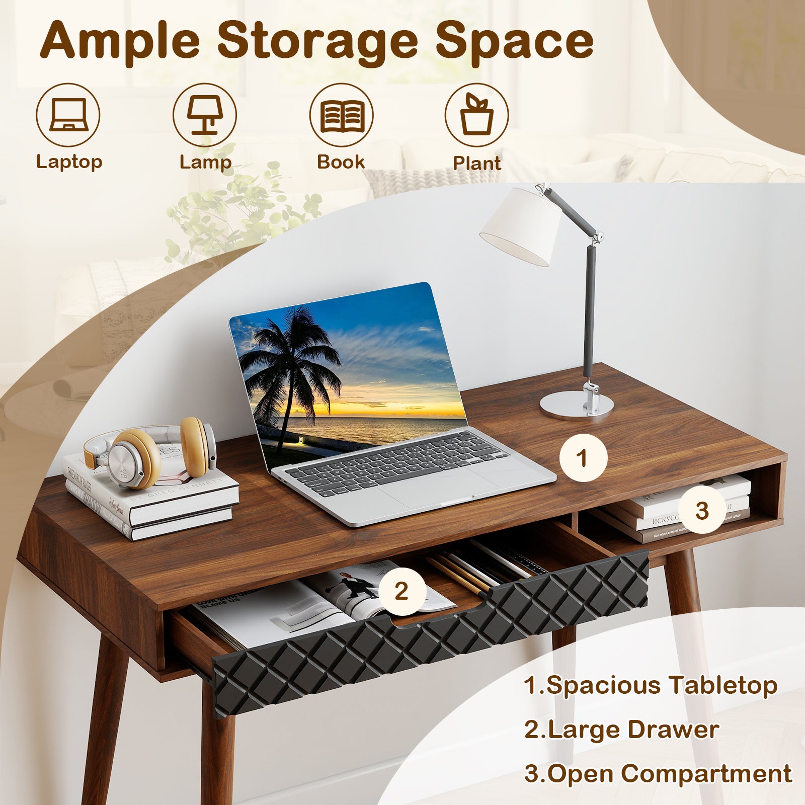 Writing Table with Drawer and Open Compartment Home Office Desk with Rubber Wood Legs-Brown