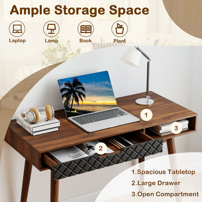 Writing Table with Drawer and Open Compartment Home Office Desk with Rubber Wood Legs-Brown