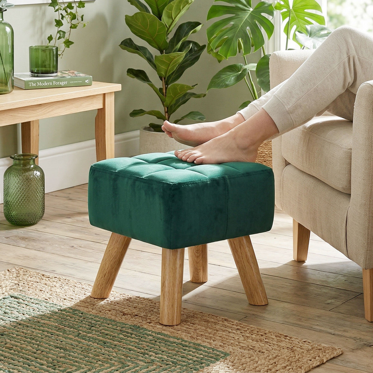 HOMCOM Velvet Square Padded Footstool - Dark Green