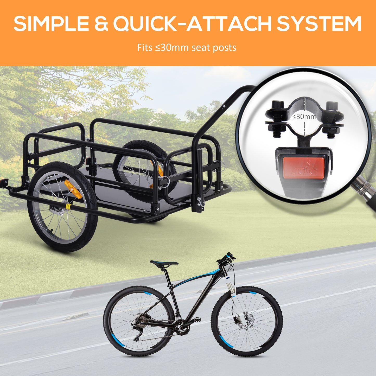 Przyczepa rowerowa HOMCOM Bike Cargo Wózek do przechowywania ładunków rowerowych z zaczepem Rowerowy kempingowy Przechowywanie bagażu Transport Stalowy czarny