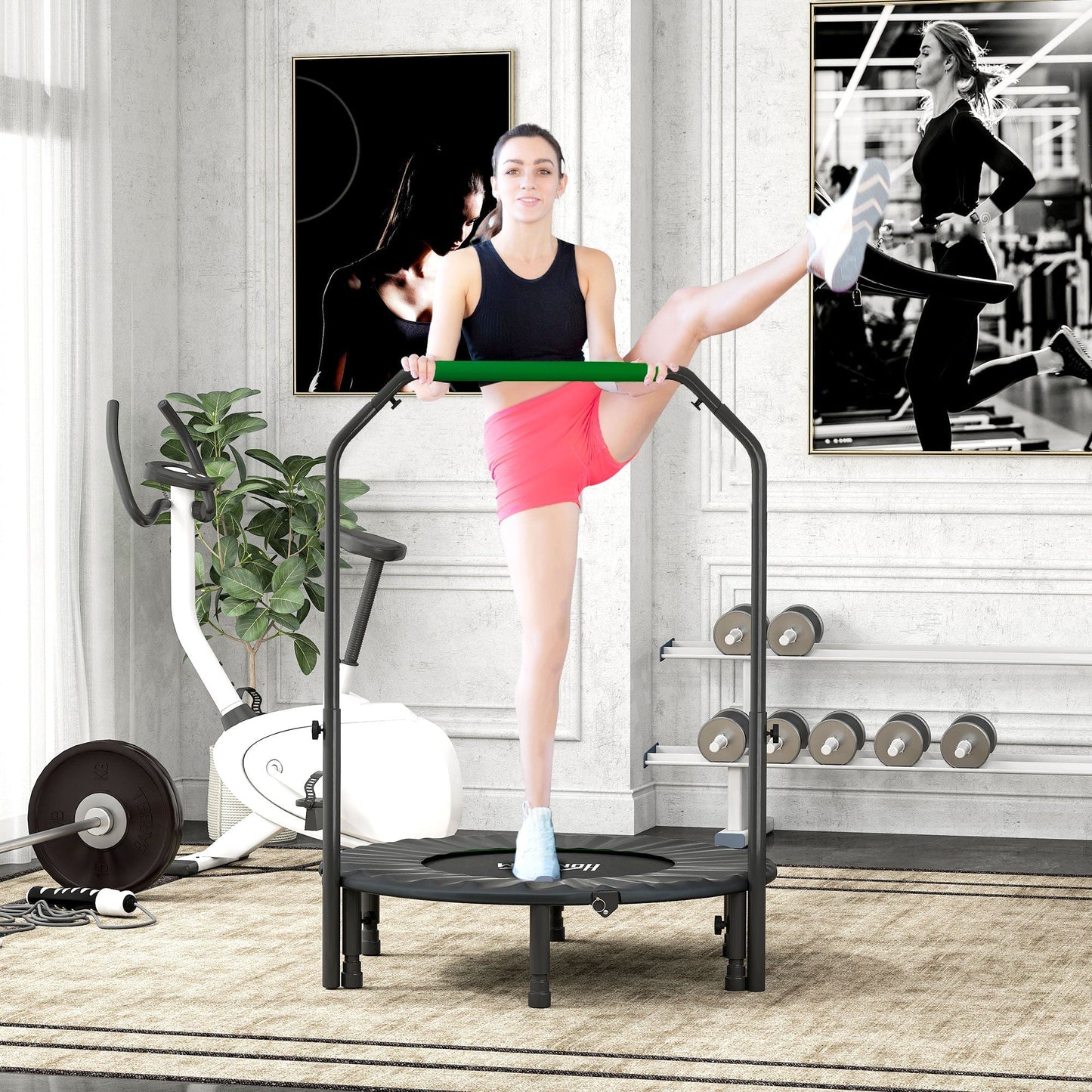 HOMCOM 40" Foldable Mini Fitness Trampoline, with Adjustable Foam Handle, Green