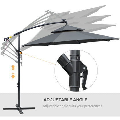 Outsunny 3(m) Cantilever Banana Parasol Hanging Umbrella with LED Solar lights, Crank, 8 Sturdy Ribs and Cross Base for Outdoor, Garden, Patio, Black