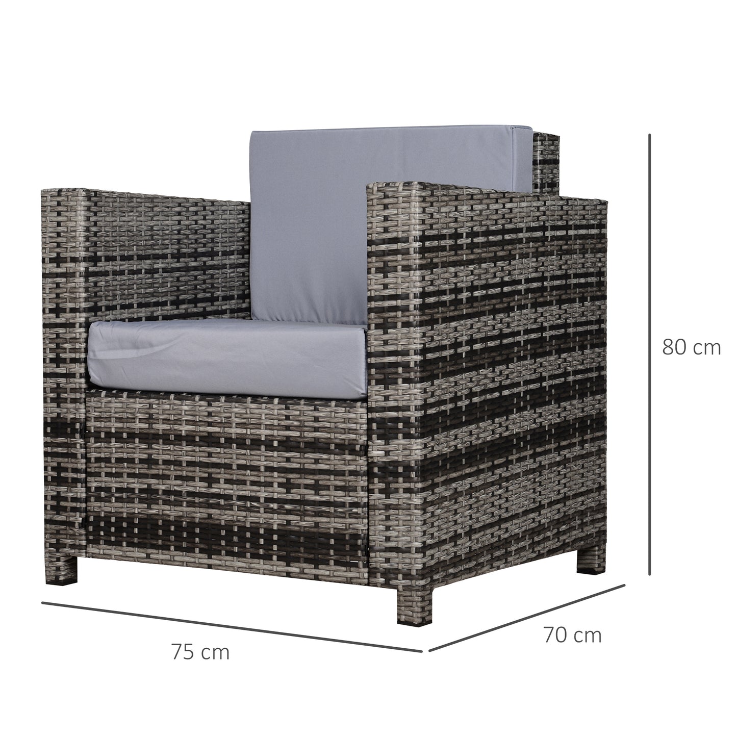Outsunny Jednoosobowa sofa rattanowa z 10 cm grubą wyściełaną poduszką, fotel ogrodowy z plecionki PE, odporny na warunki atmosferyczne, z podłokietnikami, szary